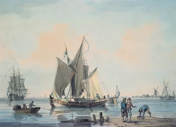 Escena costera, con barcos y figuras